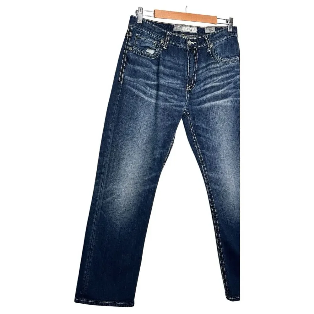 BKE Buckle Jeans Mens 33 Short Ryan Straight Embroidered Wiskering AVM3007 Blue